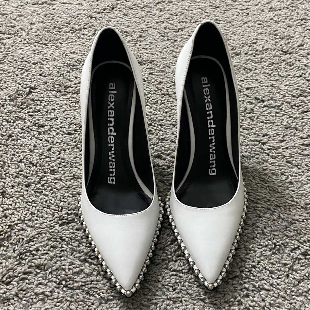 Alexander Wang White Rie Studded Pointed Leather Pump 37 7